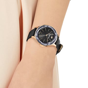 Octea Nova watch, Swiss Made, Leather strap, Black, Rose gold-tone finish - Swarovski, 5295358