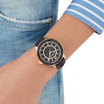 Zegarek Octea Lux, Swiss Made, Skórzany pasek, Czarny, Powłoka w odcieniu różowego złota - Swarovski, 5414410