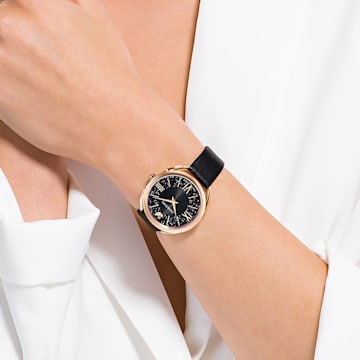 Hodinky Crystalline Glam, Vyrobeno ve Švýcarsku, Kožený řemínek, Černá, Povrchová úprava v růžovozlatém odstínu - Swarovski, 5452452