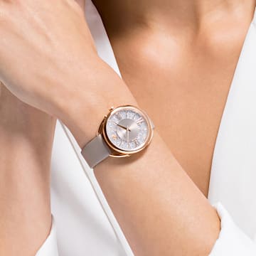 Crystalline Glam watch, Leather strap, Gray, Rose-gold tone PVD - Swarovski, 5452455