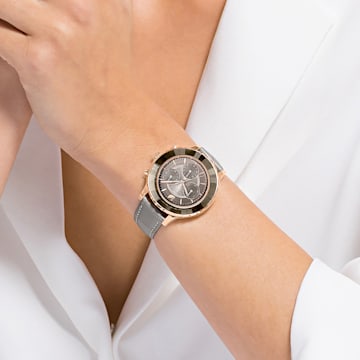 Octea Lux Chrono watch, Leather strap, Gray, Rose gold-tone finish - Swarovski, 5452495