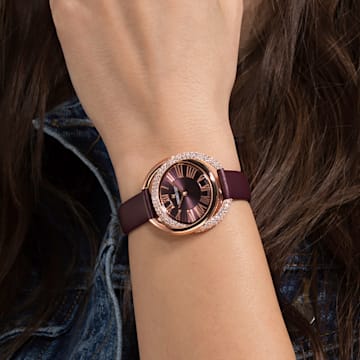 Duo 腕表, 真皮錶帶, 红色, 玫瑰金色潤飾 - Swarovski, 5484379