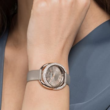 Duo watch, Leather strap, Gray, Champagne-gold tone PVD - Swarovski, 5484382
