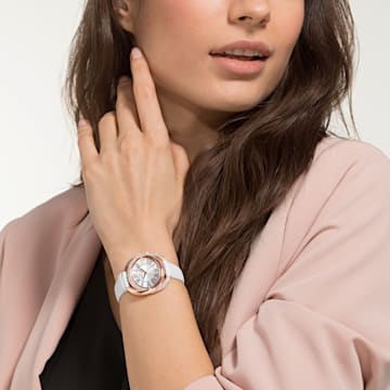 Duo Watch, Leather Strap, White, Rose-gold tone PVD - Swarovski, 5484385