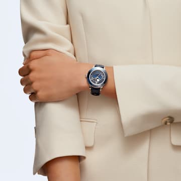 Octea Lux Uhr, Schweizer Produktion, Mond, Lederarmband, Blau, Edelstahl - Swarovski, 5516305