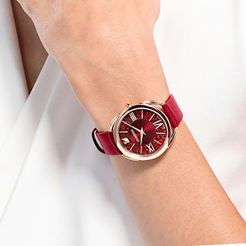 Crystalline Glam watch, Swiss Made, Leather strap, Red, Rose gold-tone finish - Swarovski, 5519219