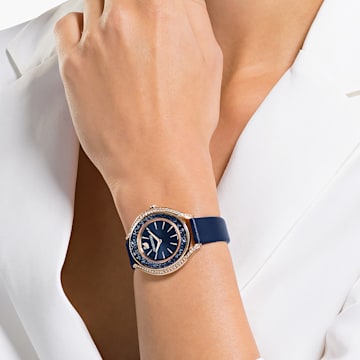 Relógio Crystalline Aura, Fabrico suíço, Pulseira de couro, Azul, Acabamento em rosa dourado - Swarovski, 5519447