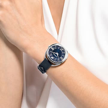 Crystalline Glam watch, Leather strap, Blue, Stainless steel - Swarovski, 5537961