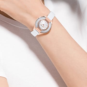 Crystalline Sporty watch, Leather strap, White, Rose-gold tone PVD - Swarovski, 5547635