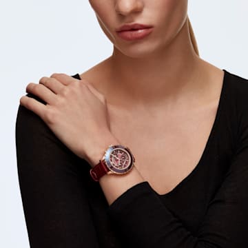Montre Octea Lux Chrono, Fabriqué en Suisse, Bracelet en cuir, Rouge, Finition or rose - Swarovski, 5547642
