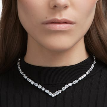 Tennis Deluxe V necklace, Mixed cuts, White, Rhodium plated - Swarovski, 5556917