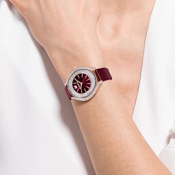 Crystalline Aura watch, Swiss Made, Leather strap, Red, Rose gold-tone finish - Swarovski, 5558637