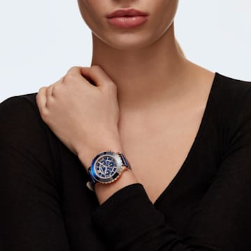 Octea Lux Chrono watch, Swiss Made, Leather strap, Blue, Rose gold-tone finish - Swarovski, 5563480