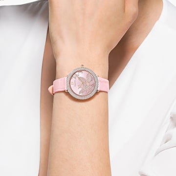 Crystal Frost watch, Flower, Leather strap, Pink, Rose-gold tone PVD - Swarovski, 5575217