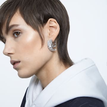 Matrix hoop earrings, Baguette cut crystals, White, Rhodium plated - Swarovski, 5600776