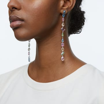 Gema drop earrings, Asymmetrical design, Mixed cuts, Extra long, Multicoloured, Rhodium plated - Swarovski, 5600979