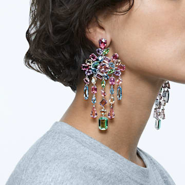 Gema clip earrings, Mixed cuts, Chandelier, Extra long, Multicolored, Rhodium plated - Swarovski, 5601887