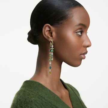 Gema 水滴形耳環, 非對稱設計, 混合式切割, 超長, 綠色, 鍍金色色調 - Swarovski, 5613734