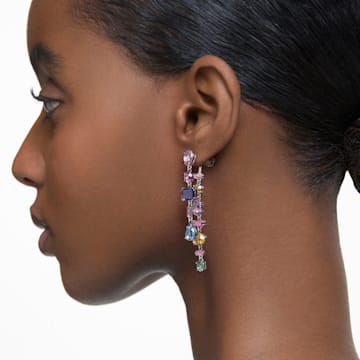 Gema drop earrings, Asymmetrical design, Mixed cuts, Long, Multicoloured, Rhodium plated - Swarovski, 5613740