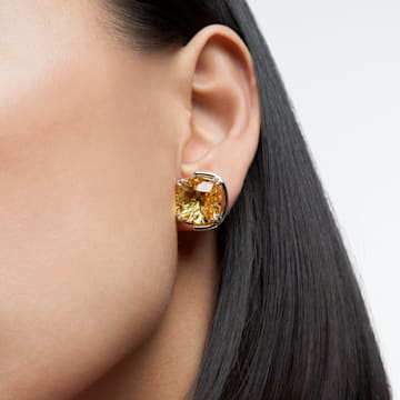 Harmonia stud earrings, Cushion cut crystals, Yellow, Rhodium plated - Swarovski, 5616511