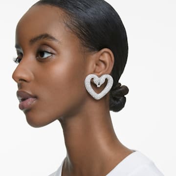 Una clip earrings, Heart, White, Rhodium plated - Swarovski, 5626172