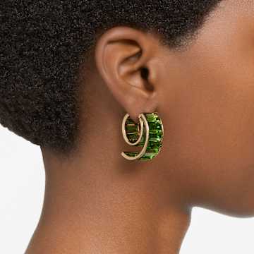 Matrix hoop earrings, Baguette cut, Green, Gold-tone plated - Swarovski, 5629297