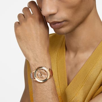 Relógio Octea Lux Chrono, Fabrico suíço, Pulseira de couro, Castanho, Acabamento em dourado - Swarovski, 5632260