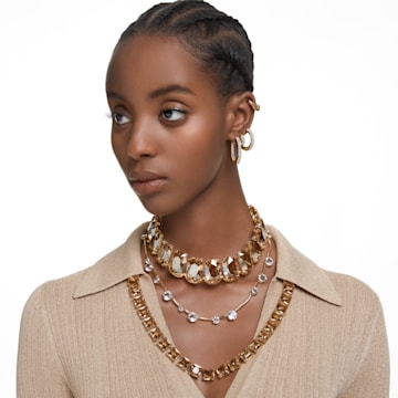 Dextera hoop earrings, Octagon, Pavé, Medium, White, Gold-tone plated - Swarovski, 5639098