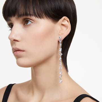 Gema drop earrings, Asymmetrical design, Mixed cuts, Extra long, White, Rhodium plated - Swarovski, 5639328