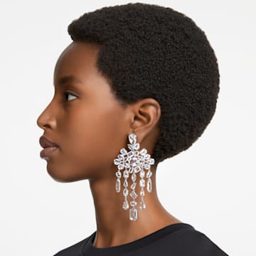 Gema clip earrings, Mixed cuts, Chandelier, White, Rhodium plated - Swarovski, 5639329