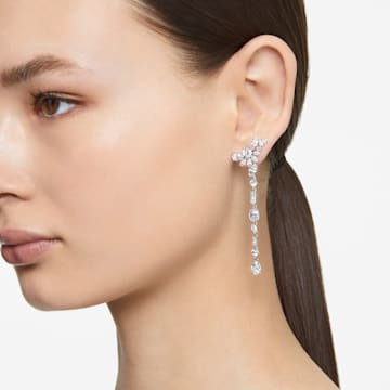 Gema drop earrings, Asymmetric design, Flower, White, Rhodium plated - Swarovski, 5644680