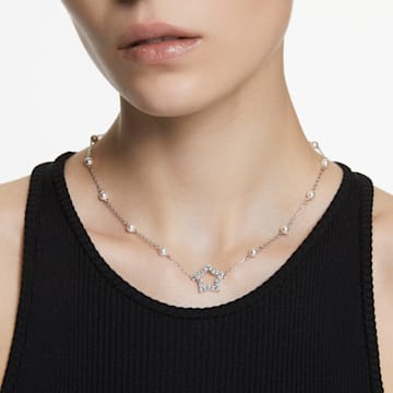 Stella necklace, Crystal pearls, Star, White, Rhodium plated - Swarovski, 5645379