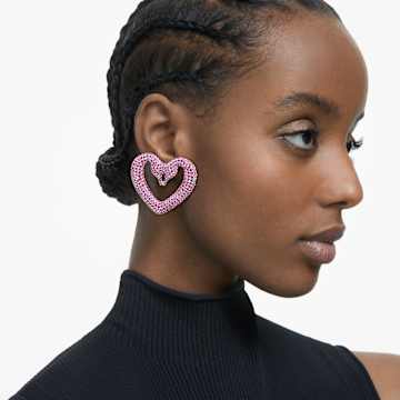 Una clip earrings, Heart, Large, Pink, Rhodium plated - Swarovski, 5646573