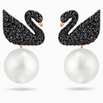 Boucles D Oreilles Ear Jacket Swarovski Iconic Swan Noir Metal Dore Rose