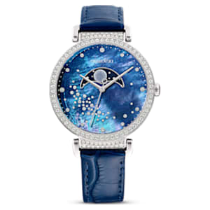 Passage Moon Phase watch, Swiss Made, Moon, Leather strap, Blue, Stainless  steel