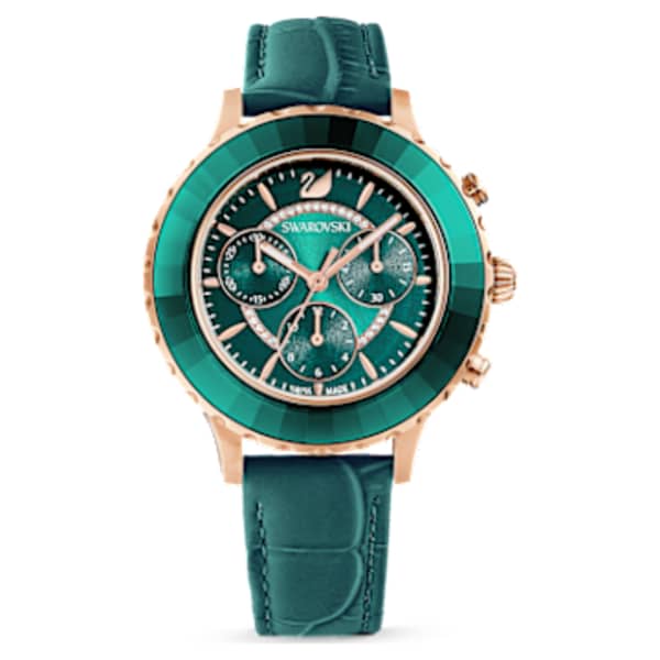 Octea Lux Chrono watch, Leather strap, Green, Rose-gold tone PVD |  Swarovski.com