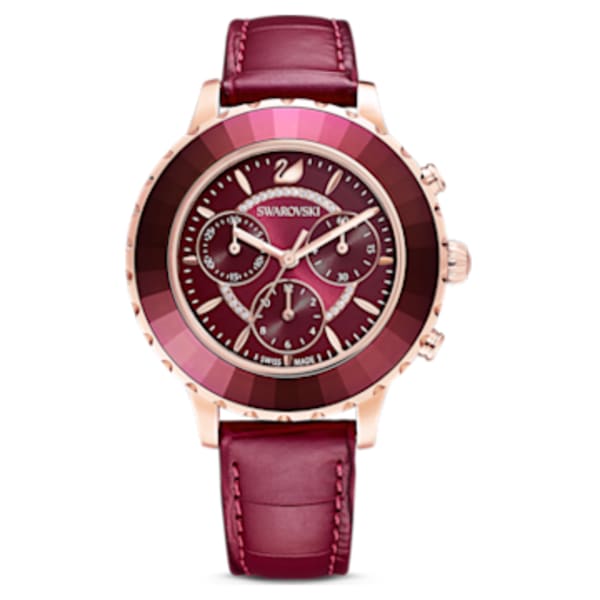 Octea Lux Chrono watch, Leather strap, Green, Rose gold-tone 