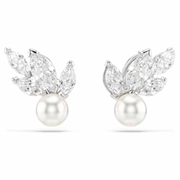 Lifelong Bow Pierced Earrings, White, Rhodium plated | Swarovski
