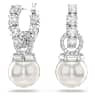 Matrix drop earrings, Crystal pearl, Round cut, White, Rhodium plated - Swarovski, 5691716