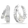Ariana Grande x Swarovski hoop earrings, Crystal pearl, Baguette cut, White, Rhodium plated - Swarovski, 5720868