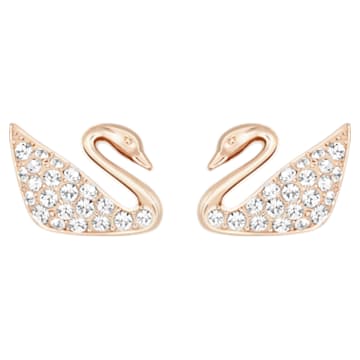 Swan Pierced Earrings, White, Rose-gold tone plated - Swarovski, 5144289