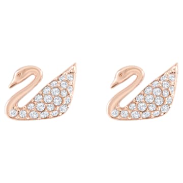 Swan Pierced Earrings, White, Rose-gold tone plated - Swarovski, 5144289