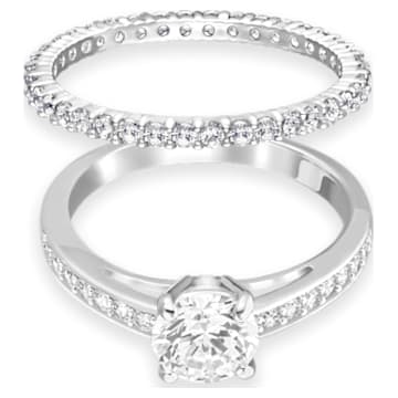 Attract ring, Set (2), Round cut, Pavé, White, Rhodium plated