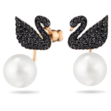 Pendientes ear jacket Swarovski Iconic Swan, Cisne, Negro, Baño tono oro rosa - Swarovski, 5193949