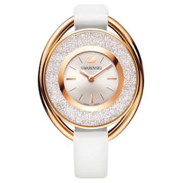 Crystalline Oval watch, Swiss Made, Leather strap, White, Rose gold-tone finish - Swarovski, 5230946