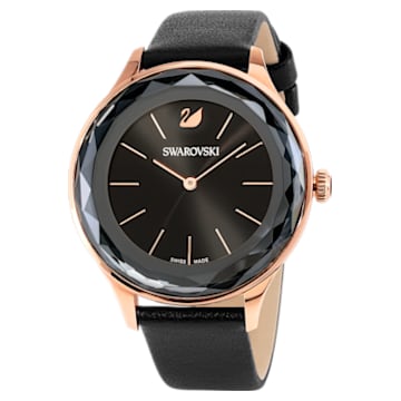 Octea Nova watch, Leather strap, Black, Rose-gold tone PVD - Swarovski, 5295358