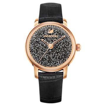 Crystalline Hours watch, Leather strap, Black, Rose gold-tone finish - Swarovski, 5295377