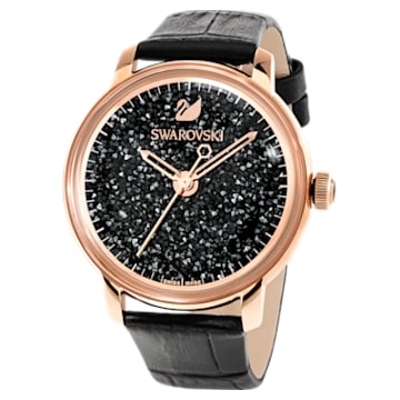 Crystalline Hours watch, Swiss Made, Leather strap, Black, Rose gold-tone finish - Swarovski, 5295377