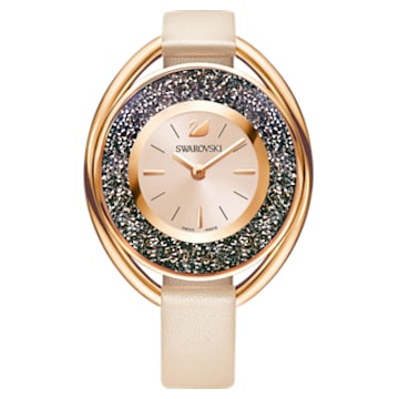 Crystalline Oval Watch, Leather strap, Braun, Rose gold tone - Swarovski, 5296319
