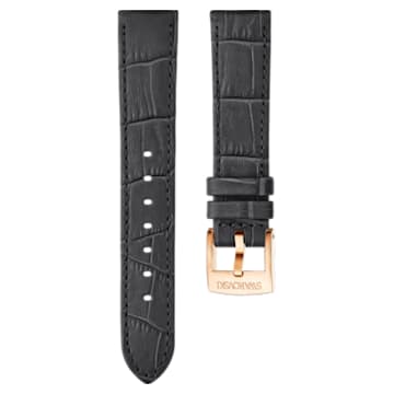 18mm Watch strap, Leather with stitching, Dark gray, Rose-gold tone plated - Swarovski, 5302460